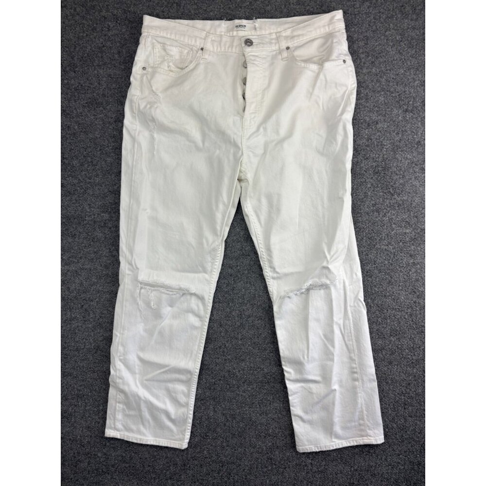 Hudson Thalia Jeans Women's 32 White Denim Button Fly Distressed Straight Leg